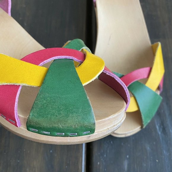 Swedish Hasbeens Toffel Multi Leather Wooden Heel Clog Sandals Size EU 39 US 8.5 - Picture 6 of 12